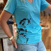 Women’s Kader T Shirt, horse print, sky blue