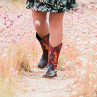 Red Tailed Black Cockatoo Feather Boots, Square Toe