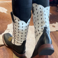 Karijini Black and White, Square Toe, Leather Sole Yellow Stitching - Kader Boot Co