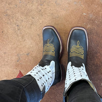 Karijini Black and White, Square Toe, Leather Sole Yellow Stitching - Kader Boot Co