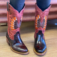 Red Tailed Black Cockatoo Feather Boots, Round Toe - Kader Boot Co