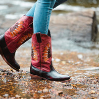 Red Tailed Black Cockatoo Feather Boots, Round Toe - Kader Boot Co