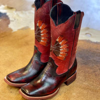 Red Tailed Black Cockatoo Feather Boots, Square Toe - Kader Boot Co