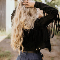 Women's Black Denim Jacket With Tassels - Kader Boot Co