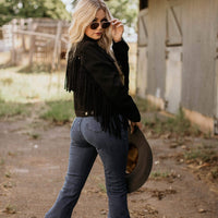 Women's Black Denim Jacket With Tassels - Kader Boot Co
