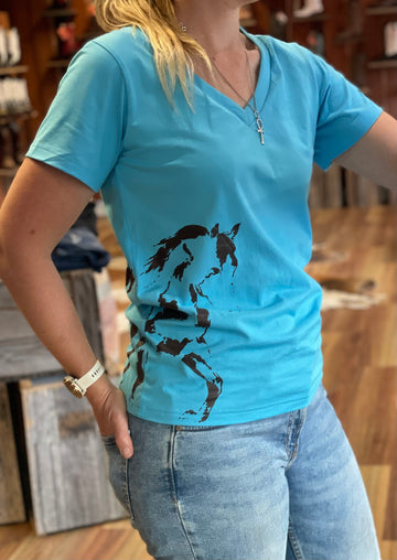 Women’s Kader T Shirt, horse print, sky blue
