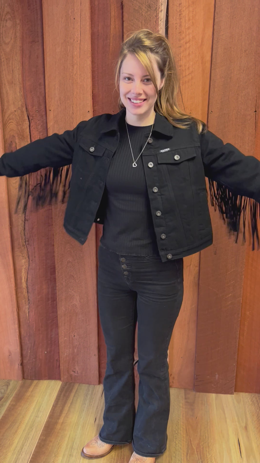 Women's Black Denim Jacket With Tassels
