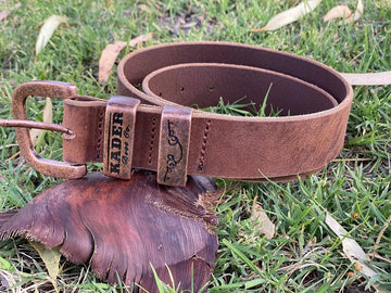 Australian Made Kader Boot Co Belt, brushed bronze keeper, rustic brown leather - Kader Boot Co