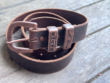Australian Made Kader Boot Co Belt, brushed bronze keeper, rustic dark brown leather - Kader Boot Co