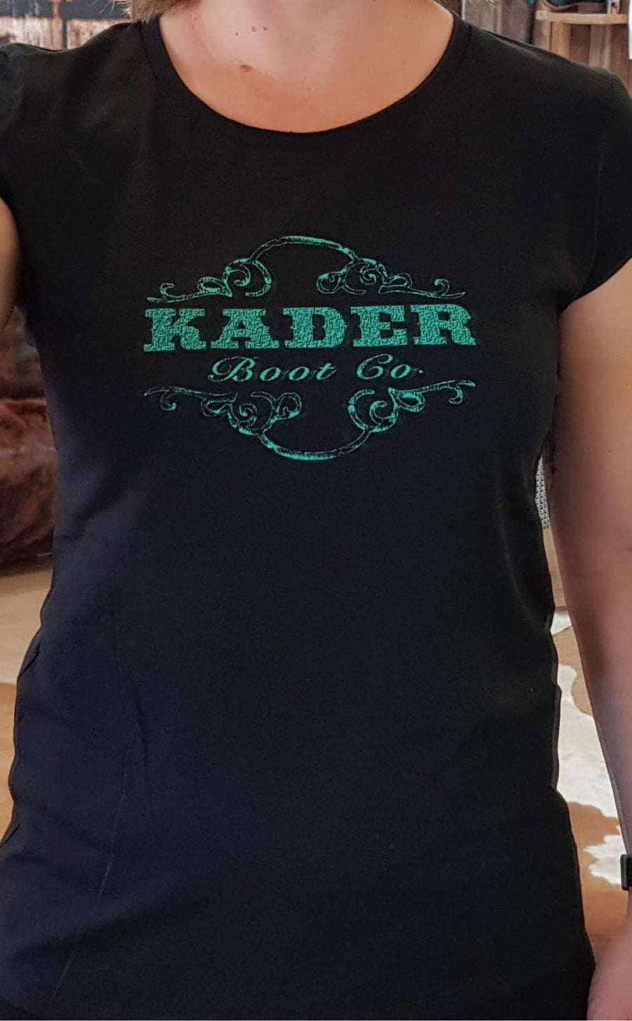Australian Made Women's Black Shirt with Turquoise Kader Logo - Kader Boot Co