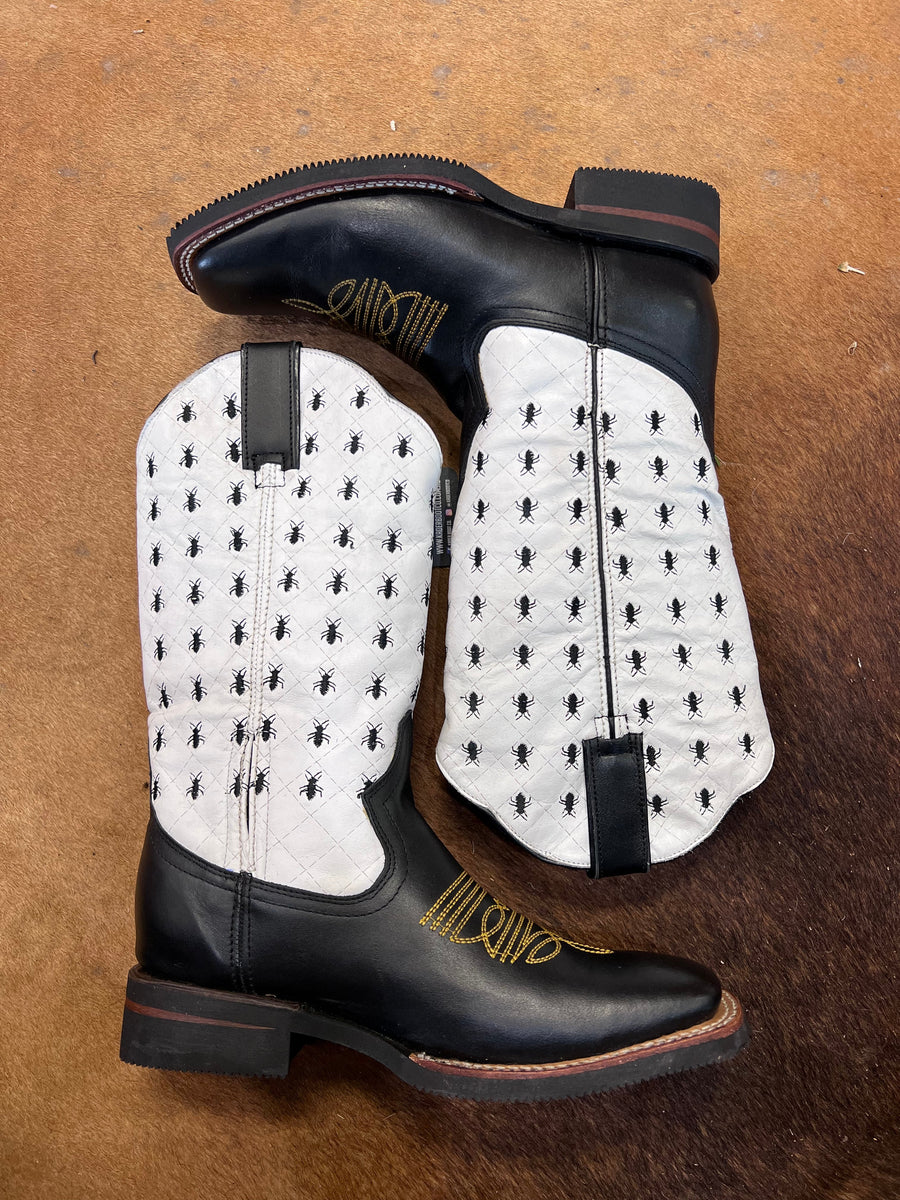 Karijini Black and White, Square Toe, Rubber Sole Yellow Stitching - Kader Boot Co