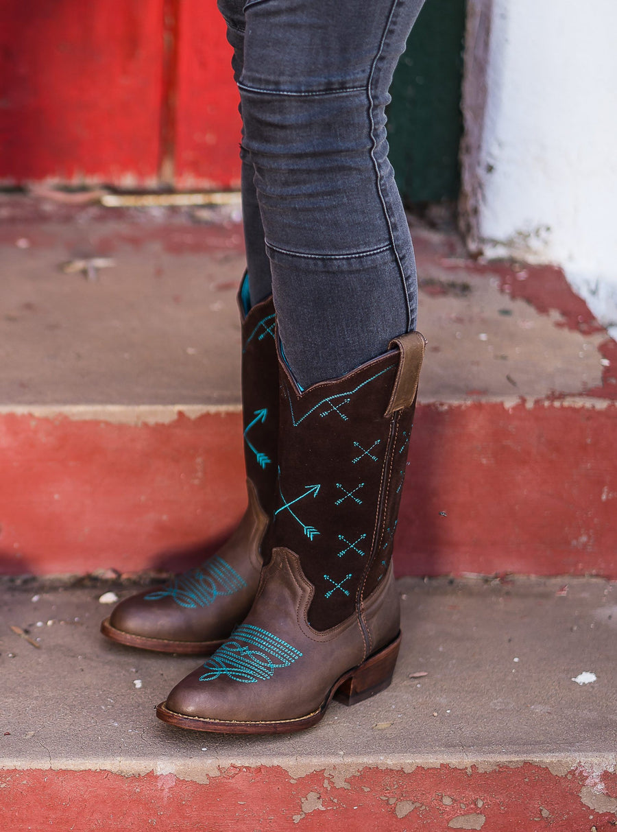 Women's Turquoise Arrow, Round Toe, Suede Shaft - Kader Boot Co